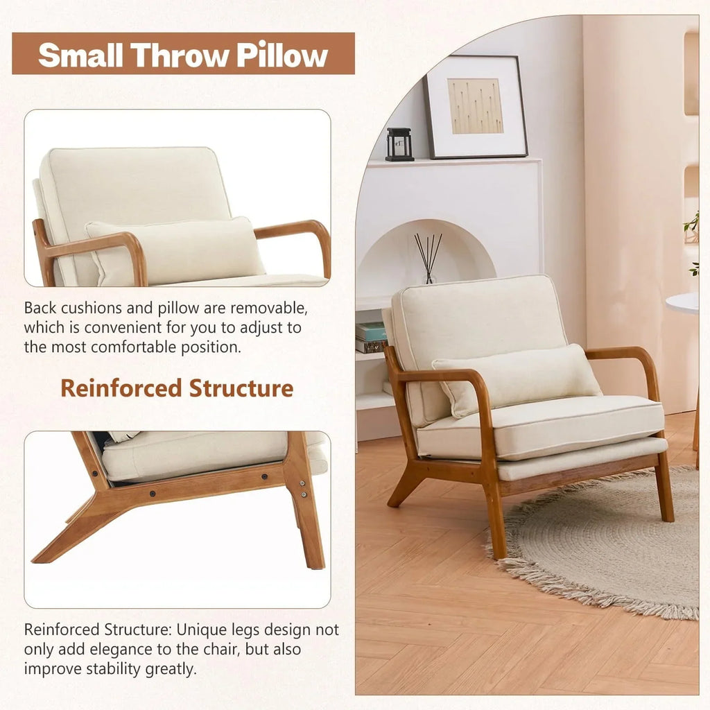 Nouveauté 2026 – Fauteuil de lecture Accent Chairs , fauteuil lounge en lin avec structure en bois massif, style moderne du milieu du siècle, montage facile, pour salon - Beige
