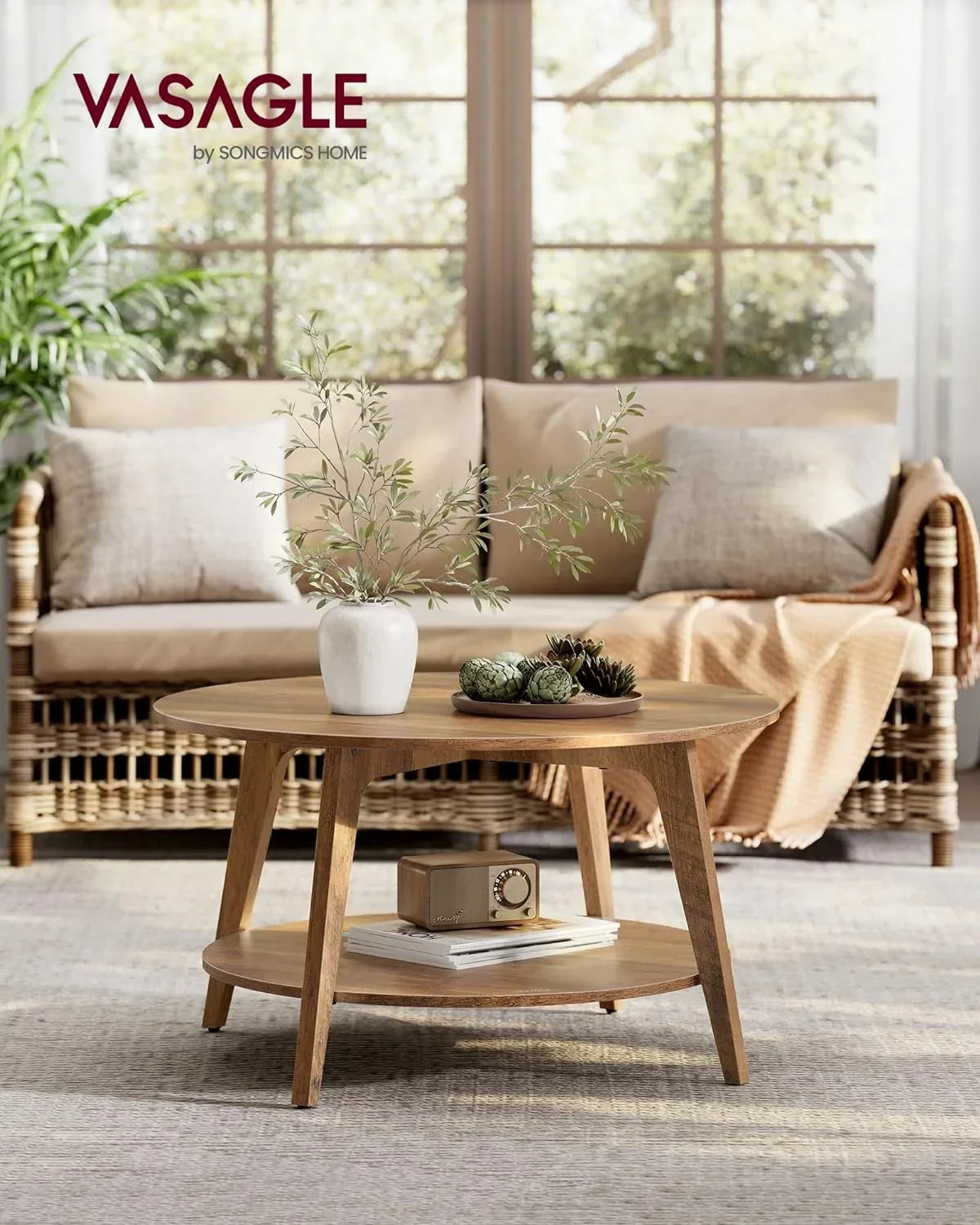Nouveauté 2026 – Table basse ronde VASAGLE , table basse à 2 niveaux avec rangement, pour salon, 80 x 45 cm, facile à monter, couleur miel