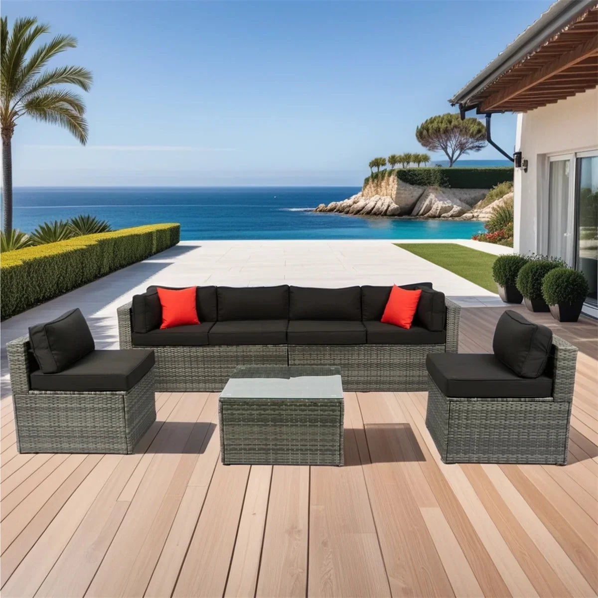 Nouveauté 2026 – Ensemble de mobilier de patio 7 pièces , canapé d'angle en rotin PE, ensemble de conversation avec coussins et table basse en verre, pour balcon, pelouse et jardin, gris