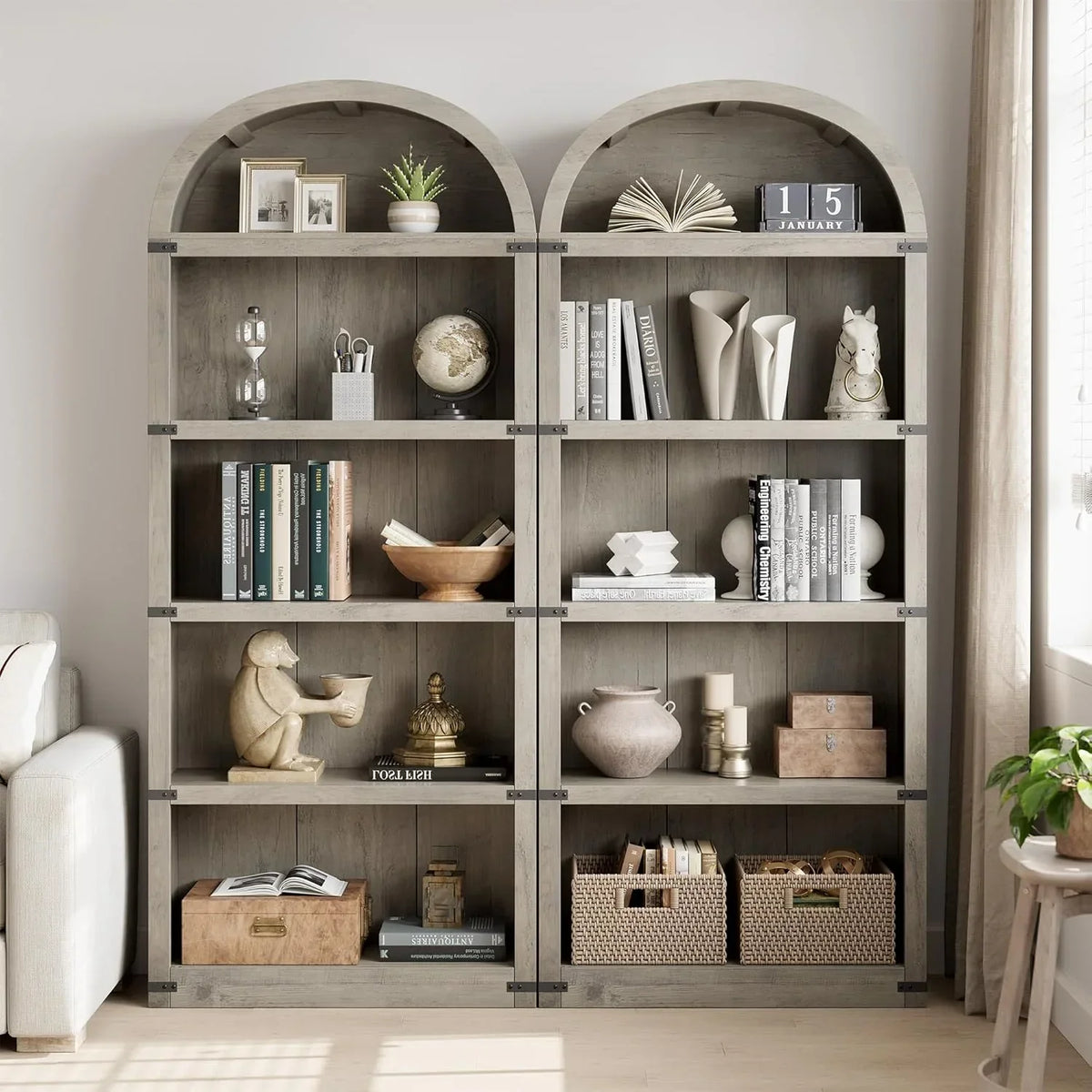 Nouveauté 2026 – Bibliothèque arquée à 5 étagères, 182 cm de haut, style ferme, étagère de rangement en bois pour la maison, le bureau ou le salon (blanche