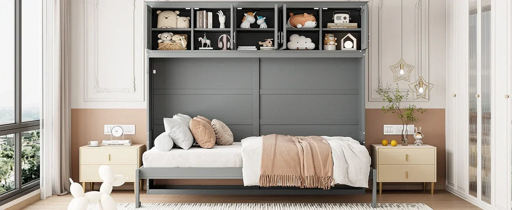 Nouveauté 2026 – Lit escamotable mural Queen Size avec rangements supérieurs, gris