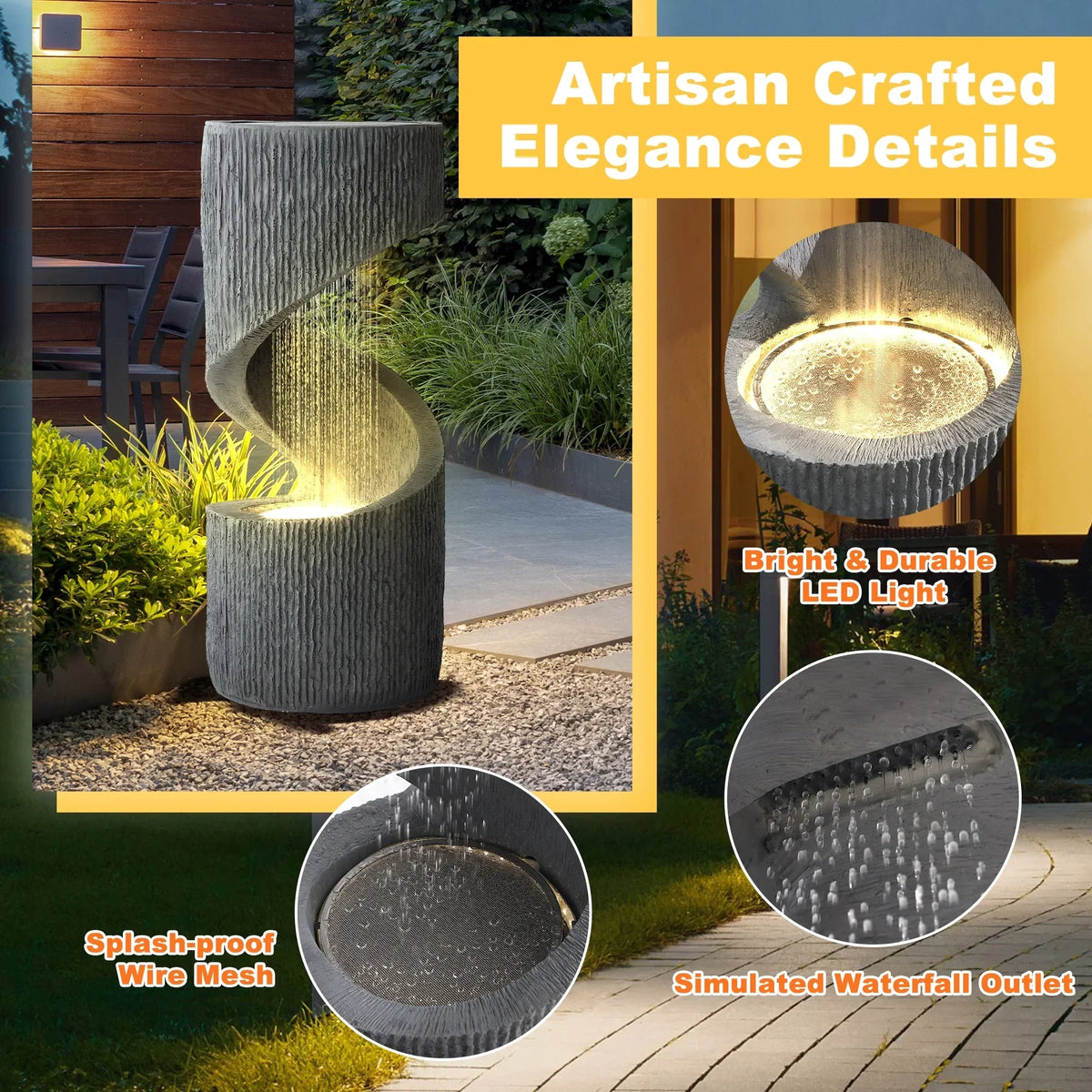Nouveauté 2026 – Fontaine d'extérieur en forme de S Magic Union , fontaine d'intérieur à cascade en spirale avec lumières LED et pompe, fontaine incurvée en résine pour patio, cour, terrasse, porche et décoration intérieure