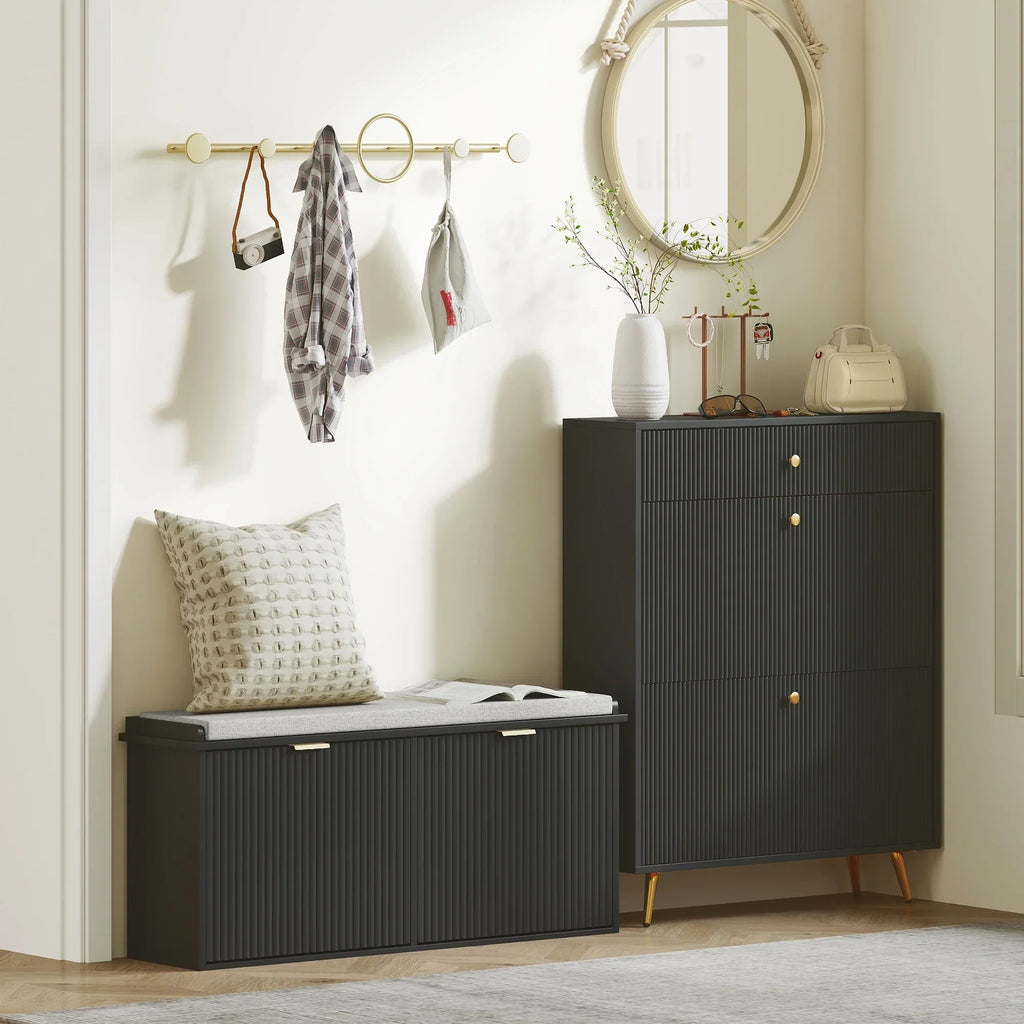 Nouveauté 2026 – Banc à chaussures HOMCOM avec assise rembourrée et tiroir rabattable, supportant jusqu'à 240 kg, 104 x 26 x 48 cm, noir