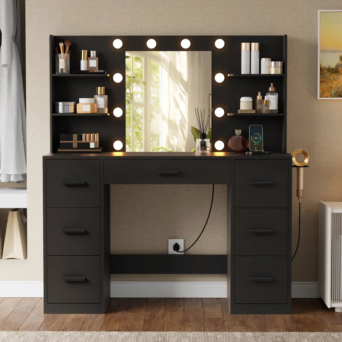 Nouveauté 2026 – Coiffeuse Lacoo avec miroir et éclairage LED, meuble de maquillage avec 7 tiroirs et 4 étagères, table de toilette avec prise électrique pour chambre ou dressing, blanche