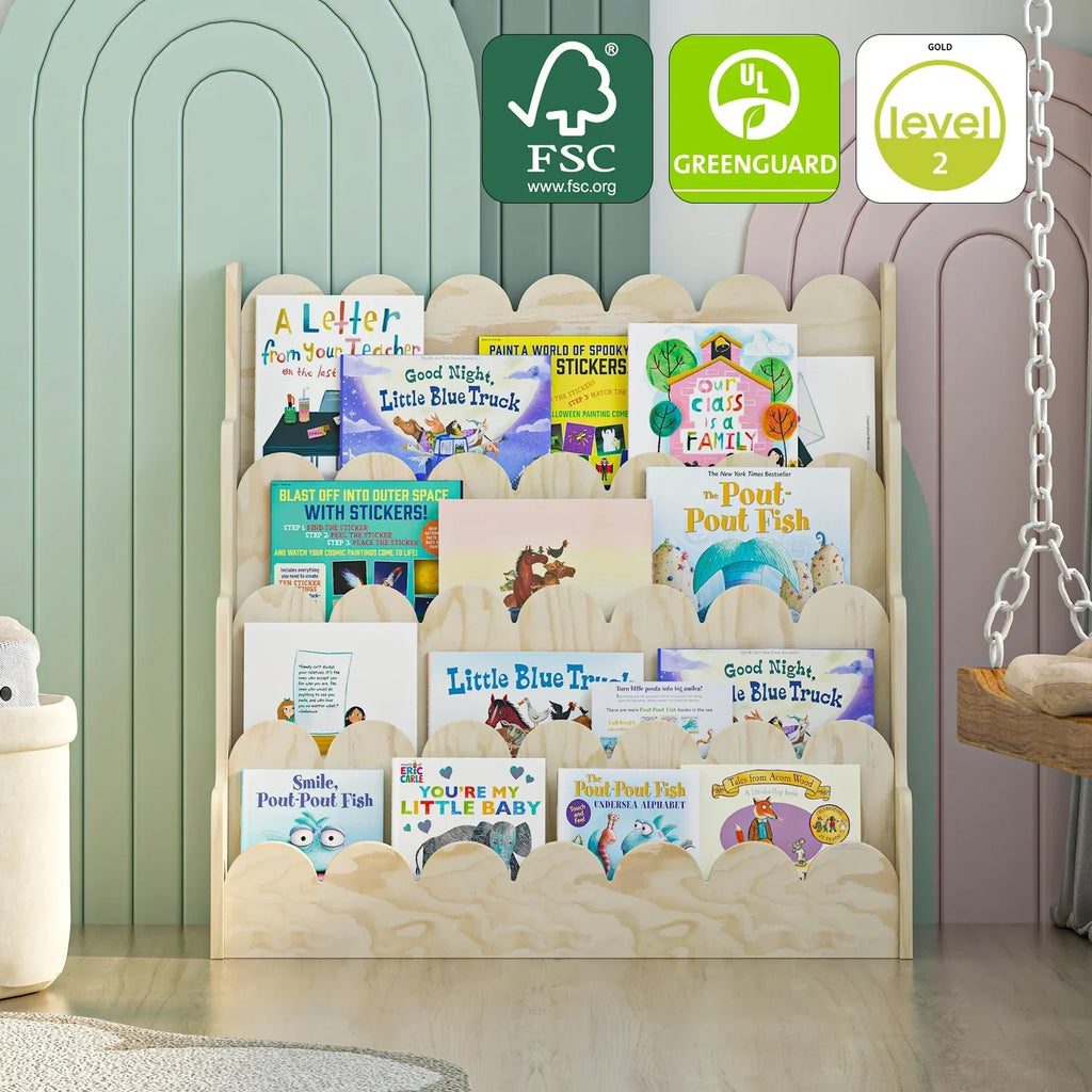 Nouveauté 2026 – Étagère Montessori en bois pour enfants - Présentoir à livres festonné à 4 niveaux, rangement pour livres et jouets de bébé/tout-petit, rangement mixte pour salle de jeux ou classe