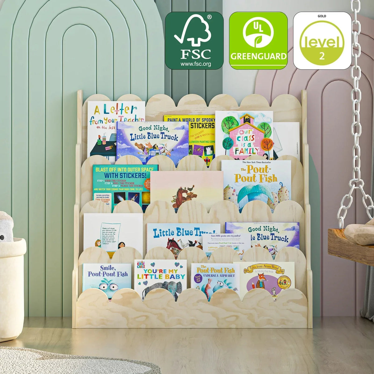 Nouveauté 2026 – Étagère Montessori en bois pour enfants - Présentoir à livres festonné à 4 niveaux, rangement pour livres et jouets de bébé/tout-petit, rangement mixte pour salle de jeux ou classe