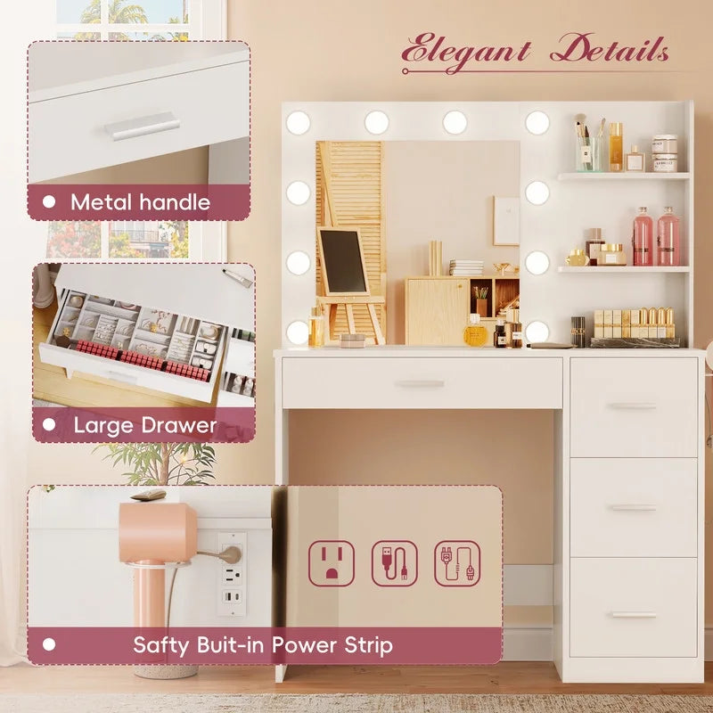 Nouveauté 2026 – Coiffeuse Lacoo avec miroir et éclairage LED, meuble de maquillage avec 7 tiroirs et 4 étagères, table de toilette avec prise électrique pour chambre ou dressing, blanche