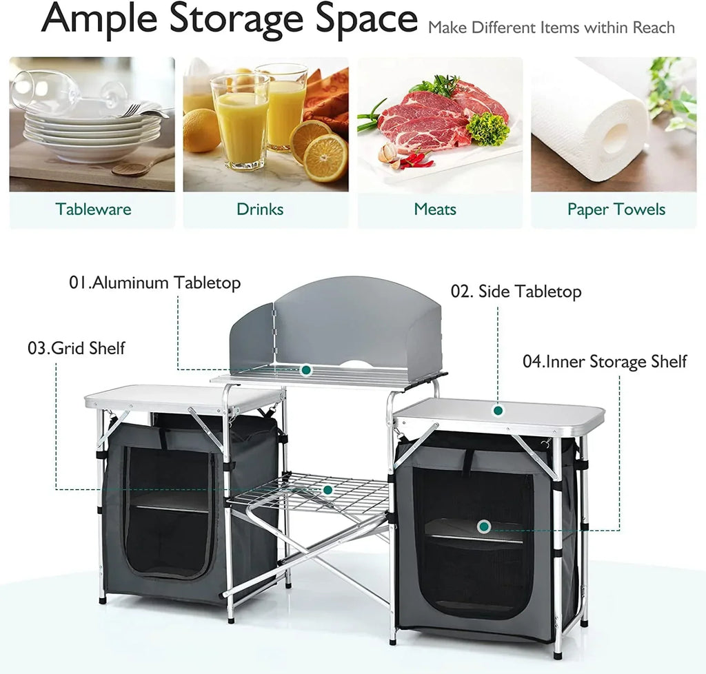 Nouveauté 2026 – Table de cuisine de camping Camping avec rangement, table de cuisson extérieure portable en aluminium avec pare-vent, table de camping pliable pour barbecue, grillades, fêtes et pique-niques