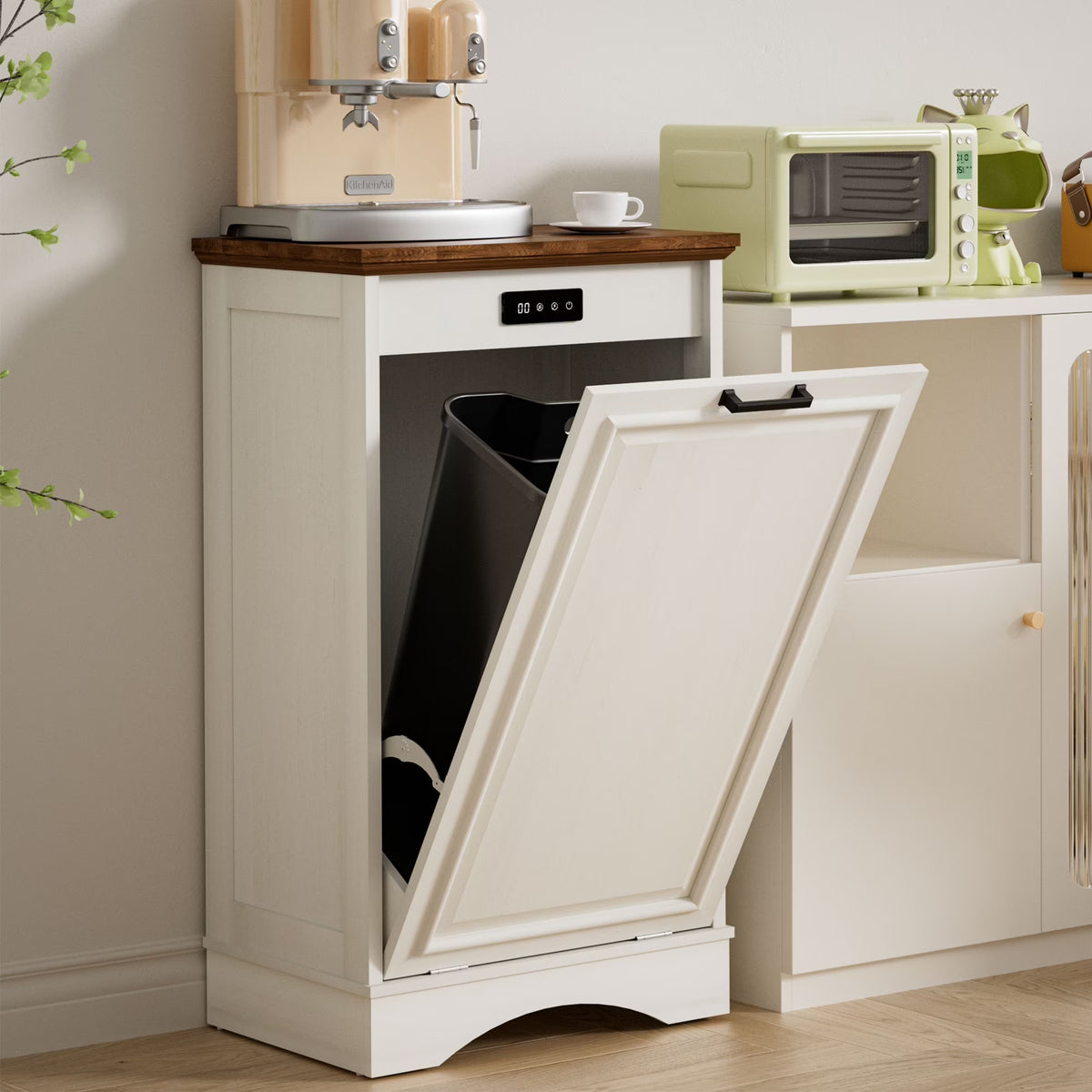 Nouveauté 2026 – Meuble poubelle basculant HARIPUL pour bac à déchets de 49 litres (13 gallons), meuble poubelle de cuisine autoportant avec tiroirs, blanc