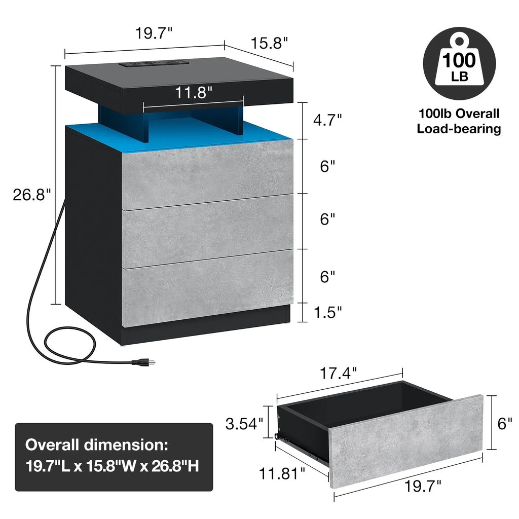 Nouveauté 2026 – Table de chevet LED Hommpa avec station de charge sans fil, ports USB Type-C, 3 tiroirs, finition laquée noire, style moderne et élégant, hauteur 68 cm (26,8 pouces). Idéale pour la chambre à coucher