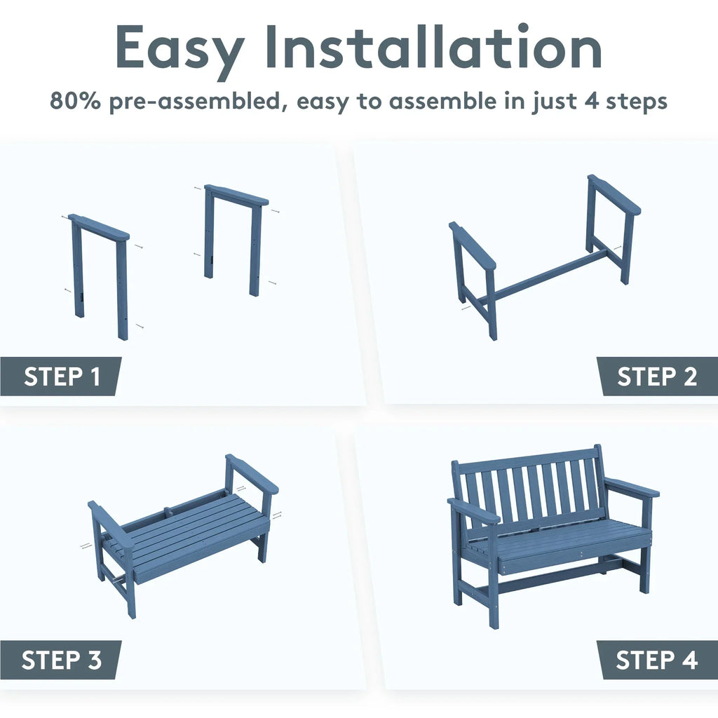 Nouveauté 2026 – Banc d'extérieur SERWALL pour 2 personnes, en PEHD résistant aux intempéries avec renforts en aluminium, supporte jusqu'à 300 kg, confortable pour terrasse, jardin et véranda, noir