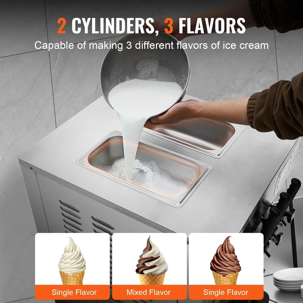 Nouveauté 2026 – Machine à glace molle commerciale KFFKFF , débit de 21 à 31 l/h, 3 parfums, affichage LED, nettoyage automatique, trémie de 4,3 l/1,1 gal, réservoir de 1,7 l/0,45 gal