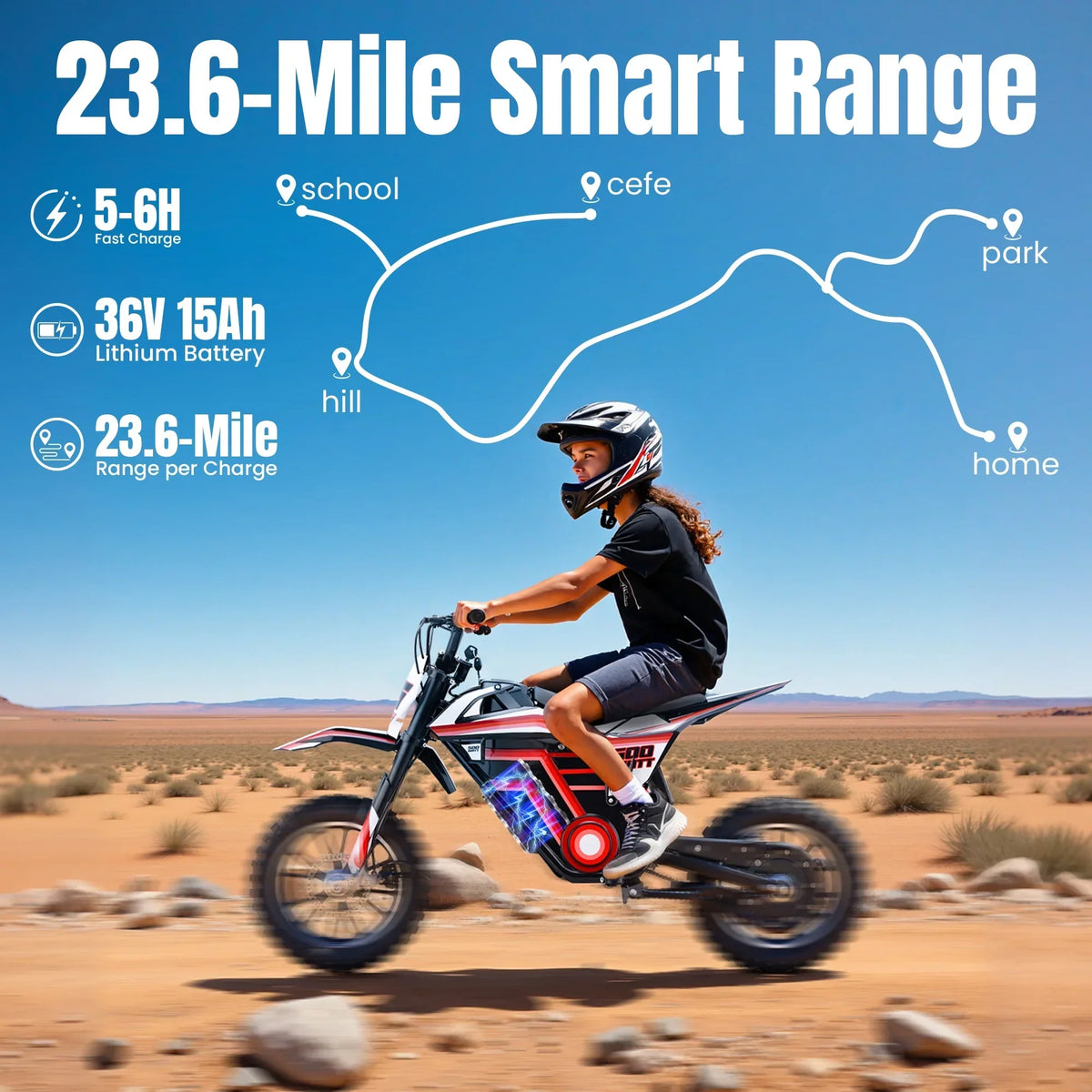 Nouveauté 2026 – Moto tout-terrain électrique QEASET , 500 W, pour enfants (garçons et filles) de 8 à 14 ans, bleue