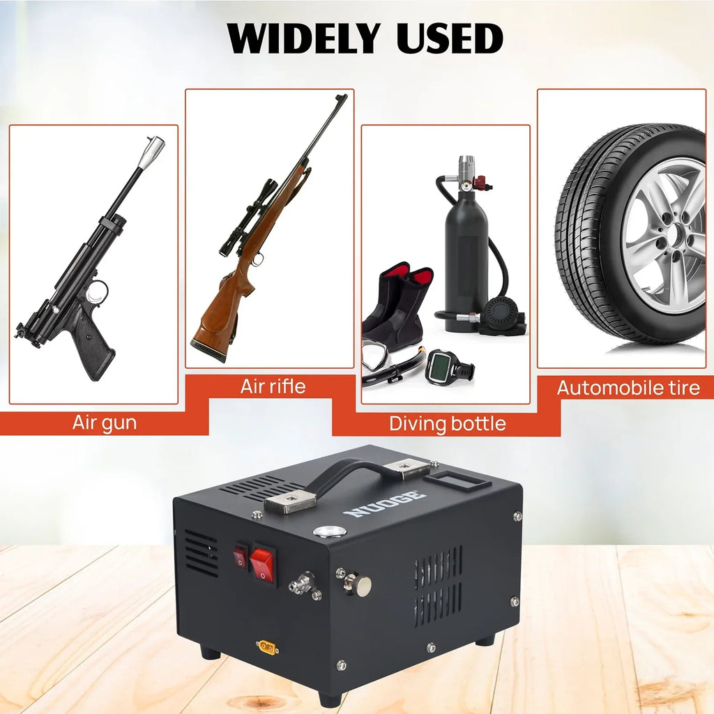 Nouveauté 2026 – Compresseur d'air NUOGE PCP , 4500 psi, 12 V CC ou 110 V CA avec convertisseur, pour bouteilles de paintball/plongée