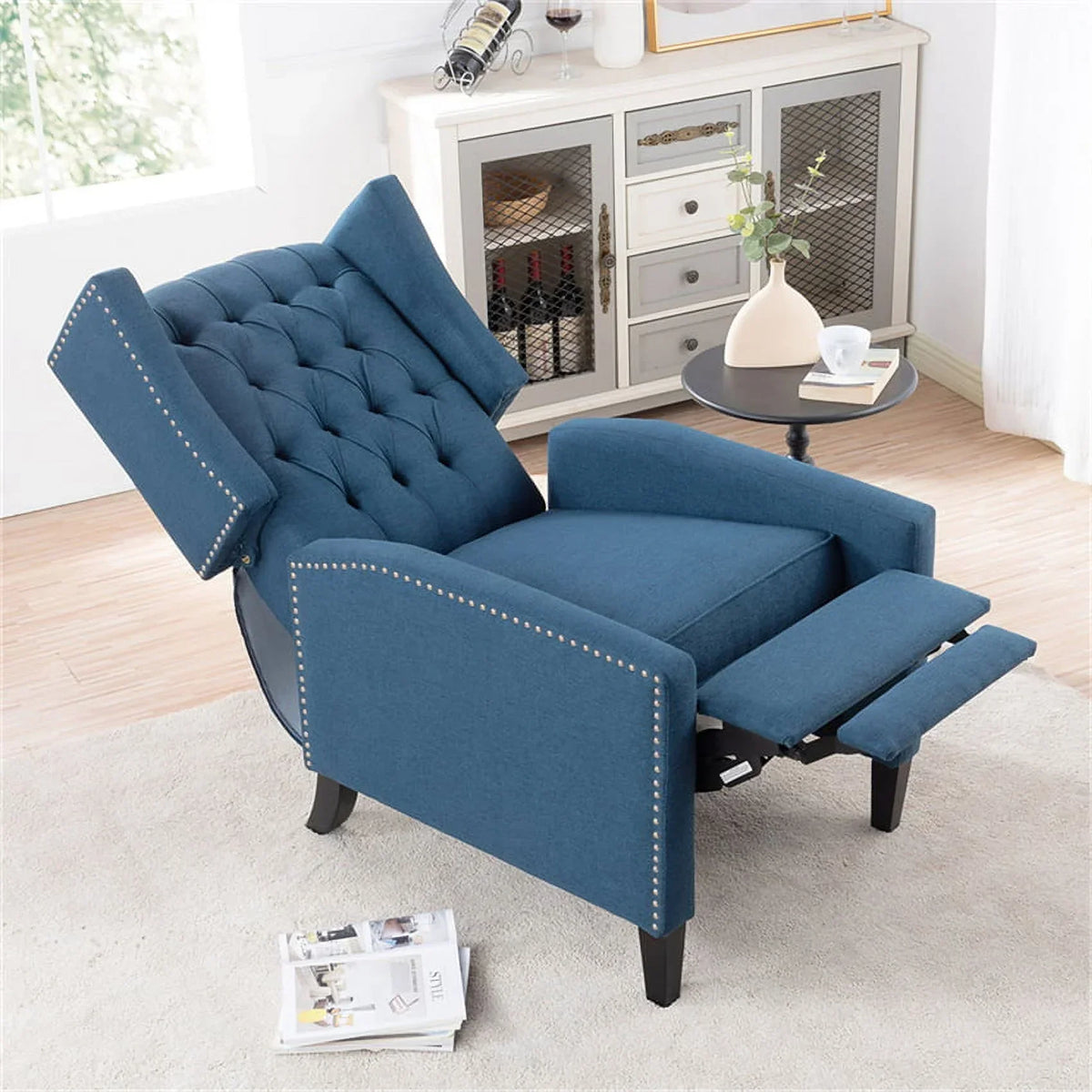 Nouveauté 2026 – Fauteuil d'appoint Triple Tree Modern en tissu, mousse et bois massif, imprimé, garniture cloutée, beige