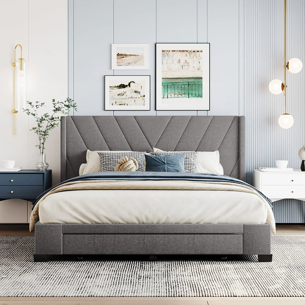 Nouveauté 2026 – Cadre de lit Queen Sesslife avec rangement, nouveau lit plateforme rembourré en lin amélioré avec 3 tiroirs, lit de rangement Queen avec tête de lit et lattes en bois, aucun sommier requis, supporte 227 kg, beige