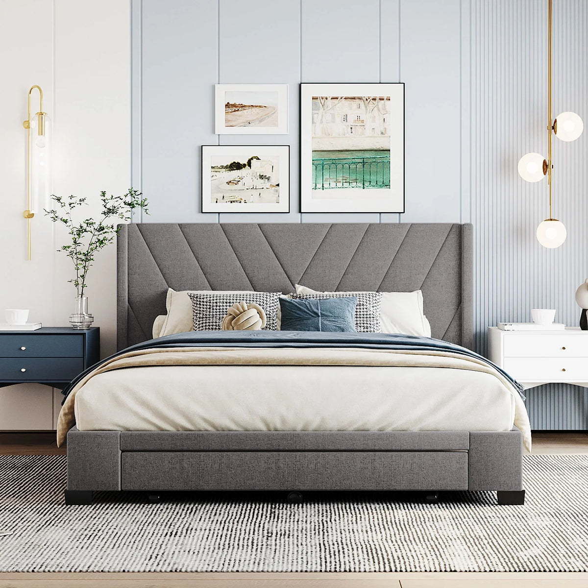 Nouveauté 2026 – Cadre de lit Queen Sesslife avec rangement, nouveau lit plateforme rembourré en lin amélioré avec 3 tiroirs, lit de rangement Queen avec tête de lit et lattes en bois, aucun sommier requis, supporte 227 kg, beige