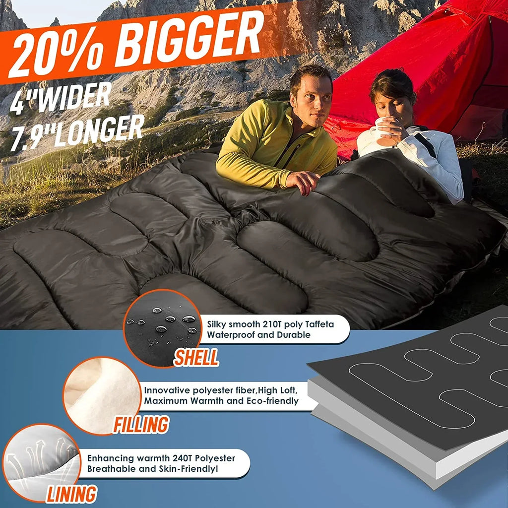 Nouveauté 2026 – Sac de couchage double pour adultes (hommes) avec oreiller, taille XL/Queen, idéal pour le camping, la randonnée et le trekking toutes saisons, par temps froid et chaud