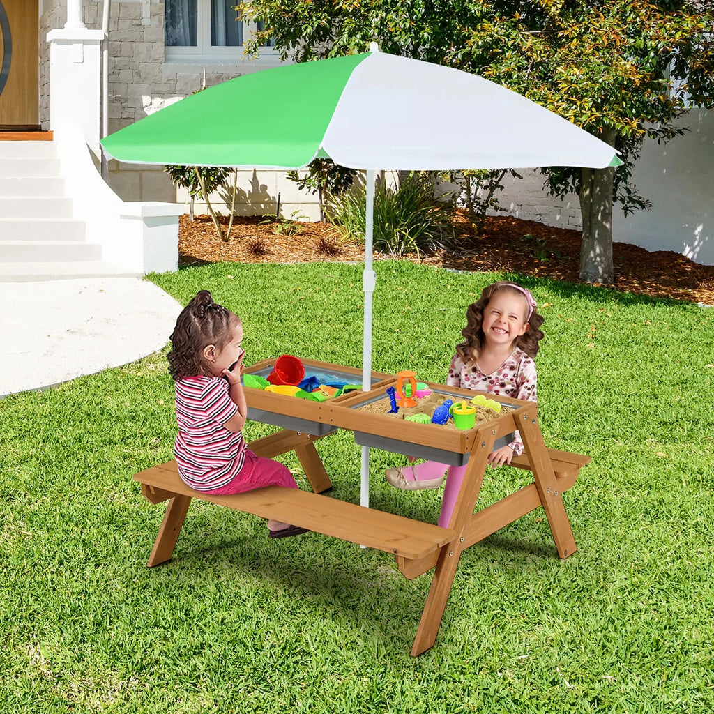 Nouveauté 2026 – Table de pique-nique 3 en 1 pour enfants Costway , en bois, avec bacs à sable et à eau, parasol et autres jeux, verte