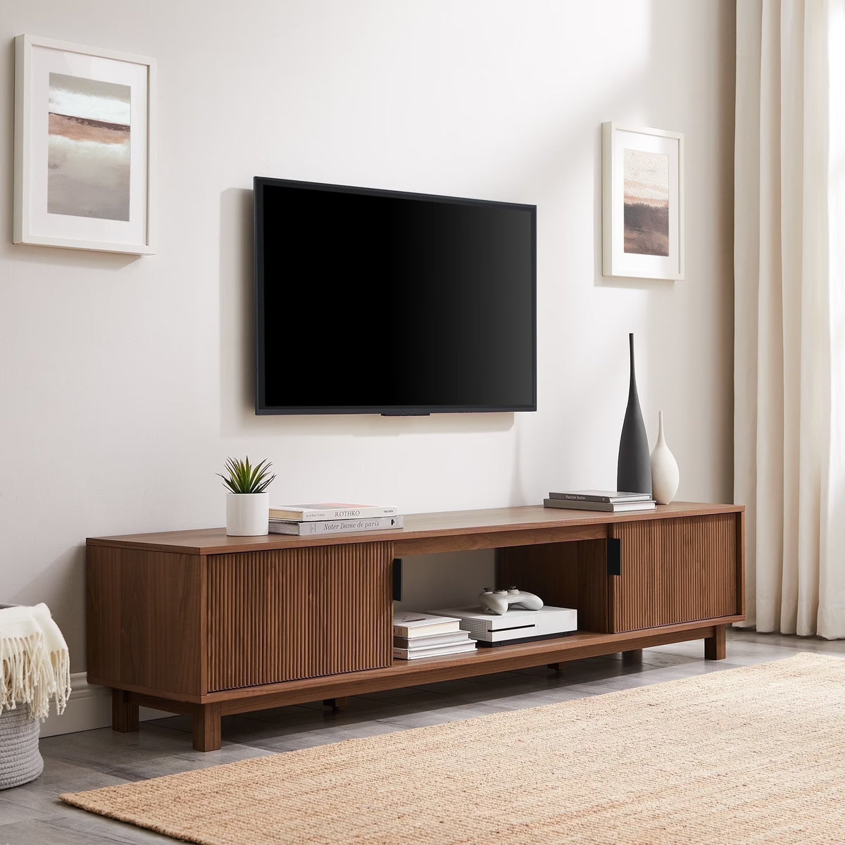 Nouveauté 2026 – Meuble TV Walker Edison , style moderne du milieu du siècle, à deux portes cannelées, pour téléviseurs jusqu'à 80 pouces, chêne côtier