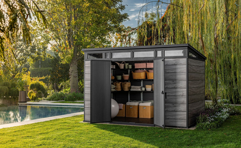 Nouveauté 2026 – Abri de jardin Keter Signature , 3,35 m x 2,13 m, en résine durable avec plancher renforcé et porte verrouillable, couleur noyer