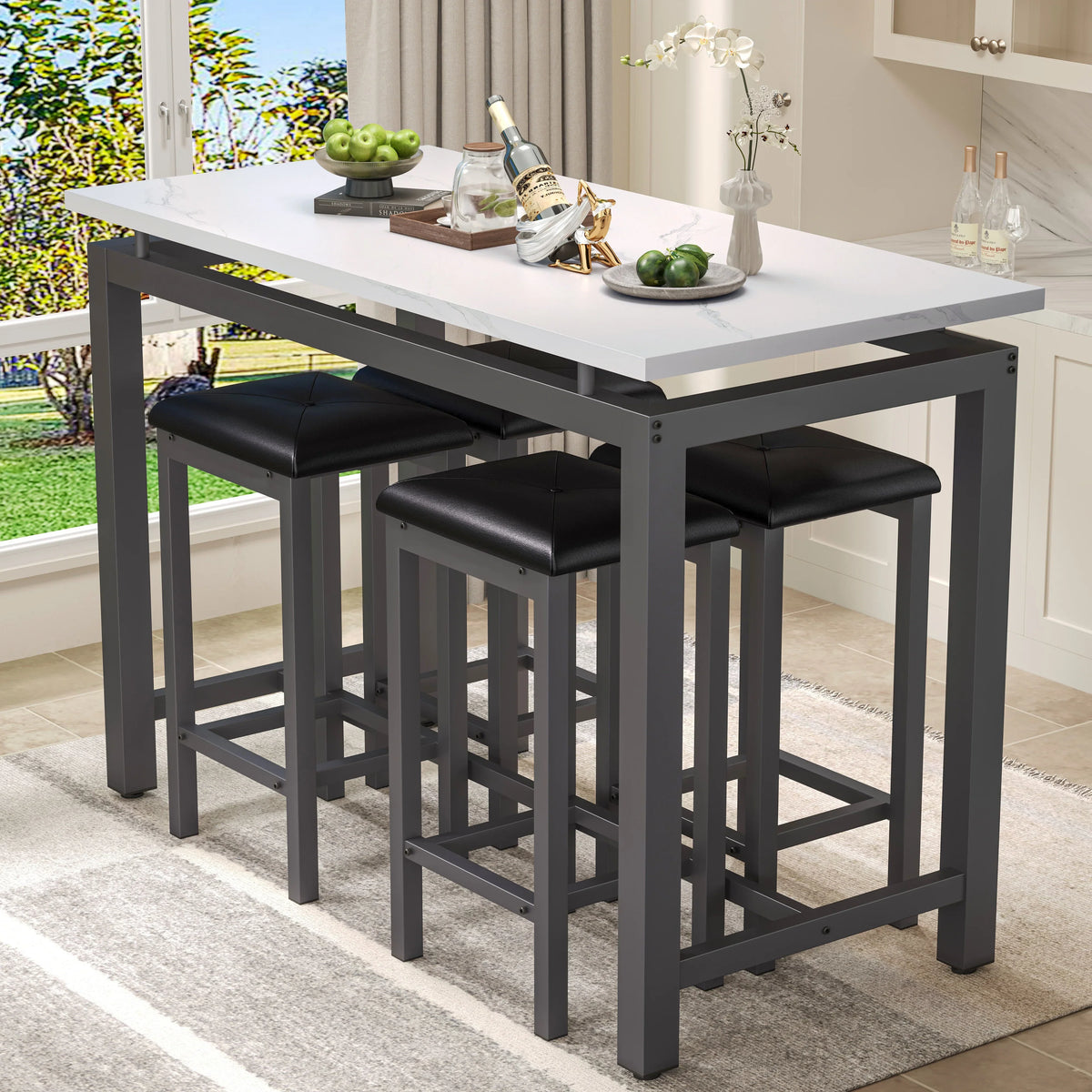 Nouveauté 2026 – Ensemble de table haute 5 places , table de bar et tabourets assortis, table à manger minimaliste avec tabourets sans dossier, ensemble table et chaises de bar avec plateau en bois pour cuisine, appartement ou bistrot - Gain de place