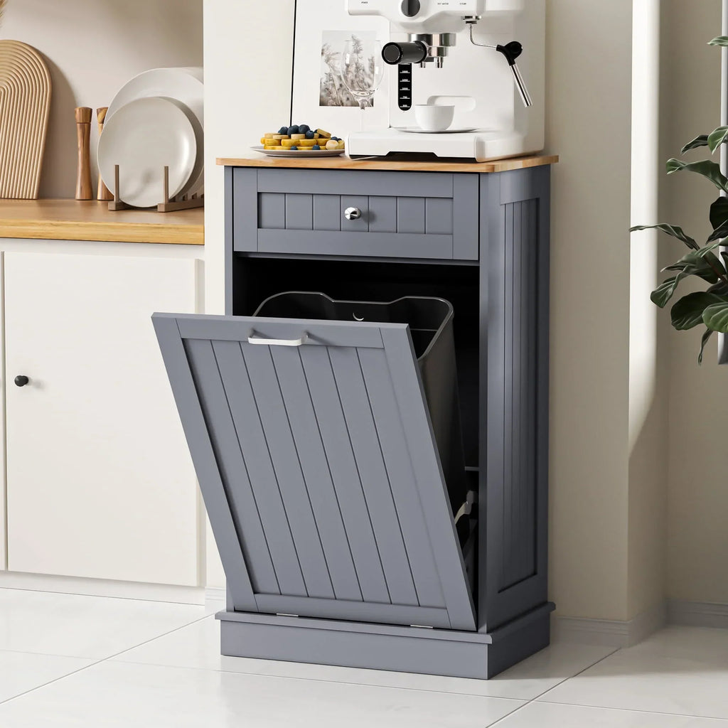 Nouveauté 2026 – Meuble poubelle basculant HARIPUL pour bac à déchets de 49 litres (13 gallons), meuble poubelle de cuisine autoportant avec tiroirs, blanc
