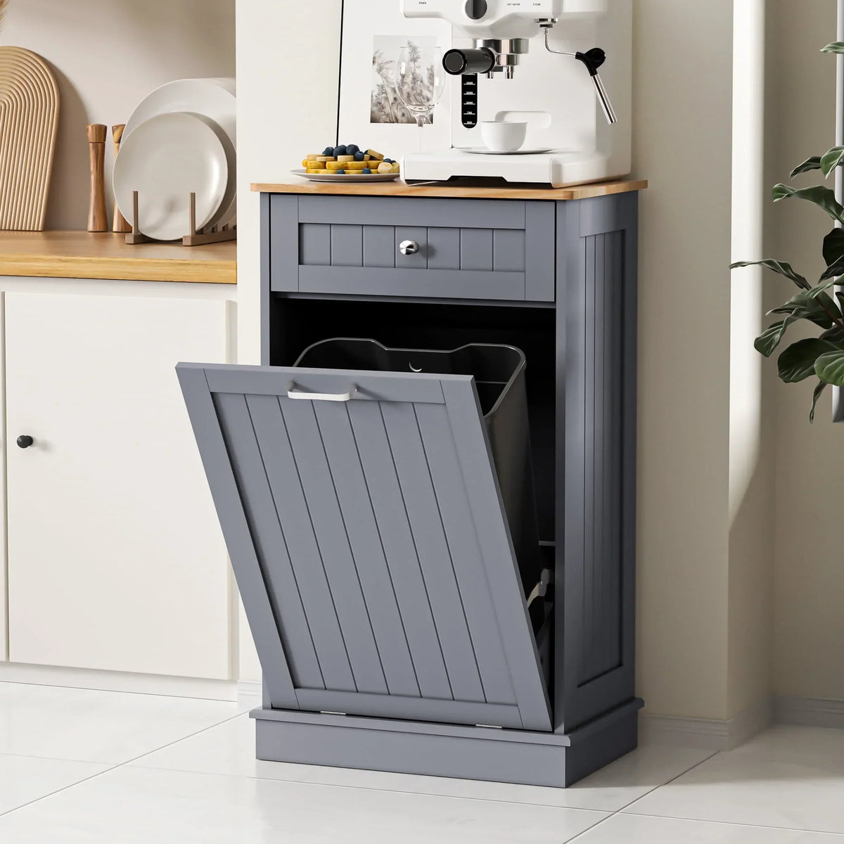 Nouveauté 2026 – Meuble poubelle basculant HARIPUL pour bac à déchets de 49 litres (13 gallons), meuble poubelle de cuisine autoportant avec tiroirs, blanc