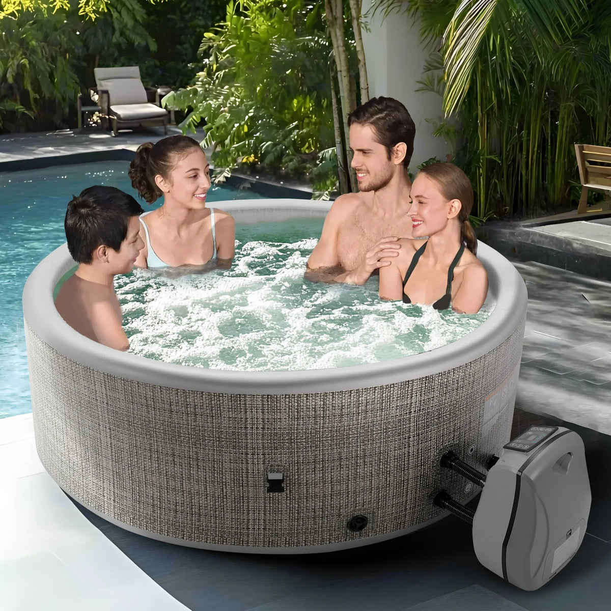 Nouveauté 2026 – Ensemble de mobilier de jardin Round pour spa , canapé d'angle en rotin avec mini-canapé, rangement pour spa en bois d'acacia massif, coussins gris