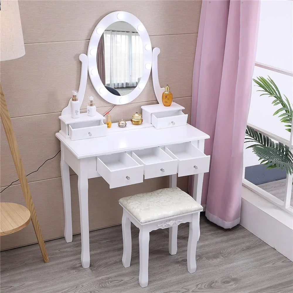 Nouveauté 2026 – Coiffeuse Ktaxon avec 10 lumières LED, 5 tiroirs et tabouret rembourré, ensemble de coiffeuse blanc pour chambre à coucher