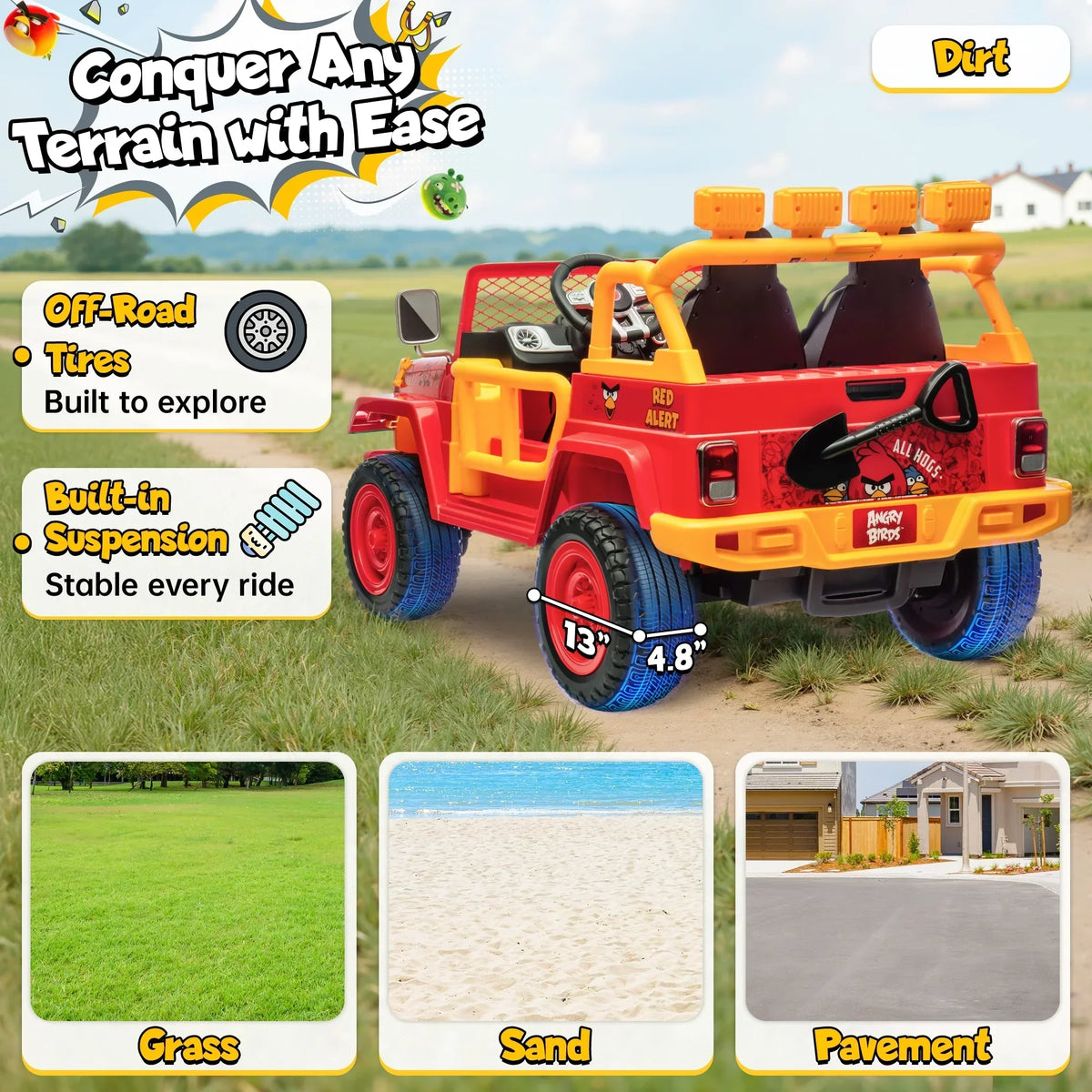 Nouveauté 2026 – Joyracer , véhicule électrique 24 volts pour enfants de 3 à 8 ans, sous licence Angry Birds, avec télécommande, pelle, Bluetooth, phares et roues motorisées. Convient aux enfants jusqu'à 60 kg (130 lbs). Couleur verte