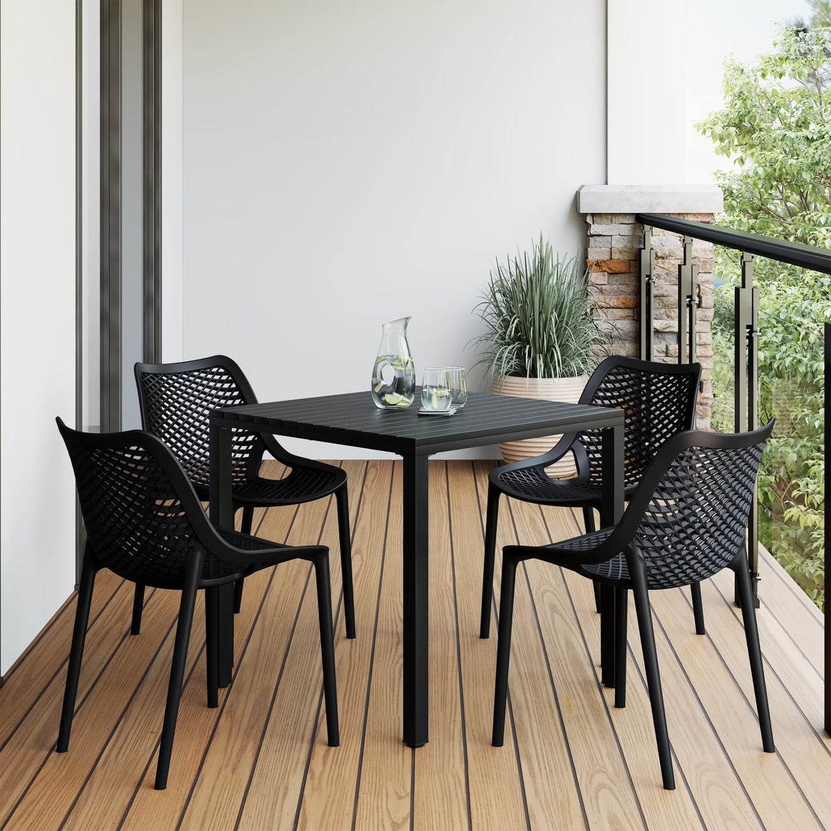 Nouveauté 2026 – Ensemble de salle à manger d'extérieur WestinTrends Playa 5 pièces avec table et chaises empilables, structure en métal, vert olive