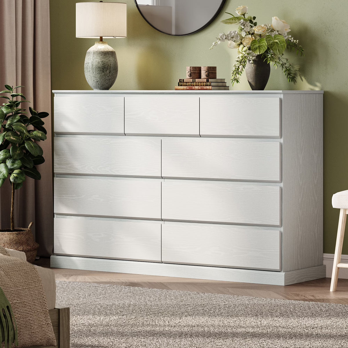 Nouveauté 2026 – Commode moderne en bois Linsy Home pour chambre à coucher, large commode à 9 tiroirs, blanche