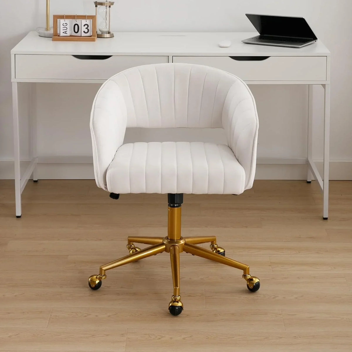 Nouveauté 2026 – Chaise de bureau Westice , chaise de travail en velours, chaise pivotante réglable en hauteur avec base dorée, idéale pour coiffeuse, bureau, salon ou salle informatique, beige