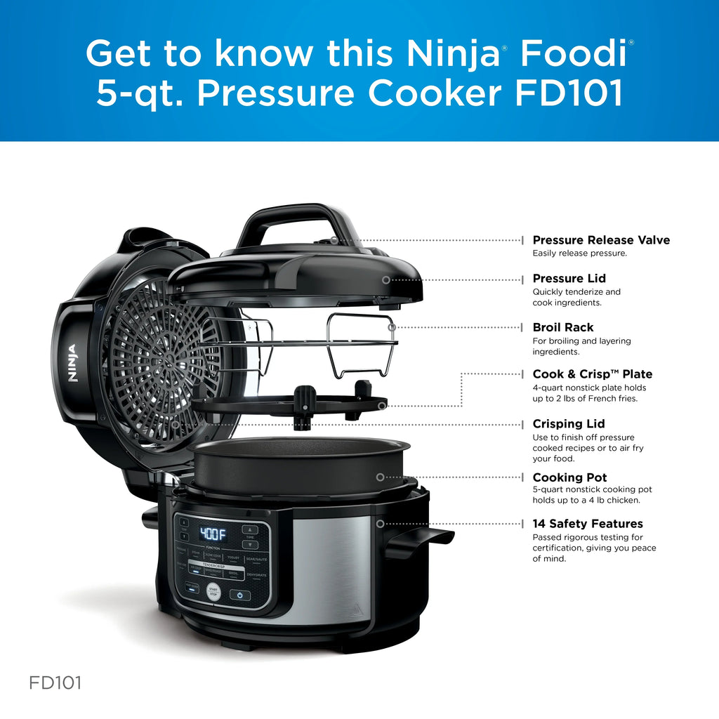 Nouveauté 2026 – Autocuiseur Ninja Foodi 10-en-1 5 L , cuiseur vapeur, four, gril, déshydrateur, friteuse à air chaud, revêtement antiadhésif, FD101, acier inoxydable
