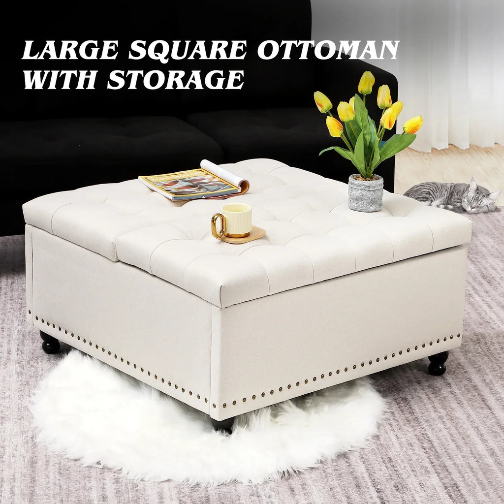 Nouveauté 2026 – Pouf de rangement carré Magic Union 35" , grand modèle, avec plateau relevable et revêtement capitonné, idéal pour le salon (beige