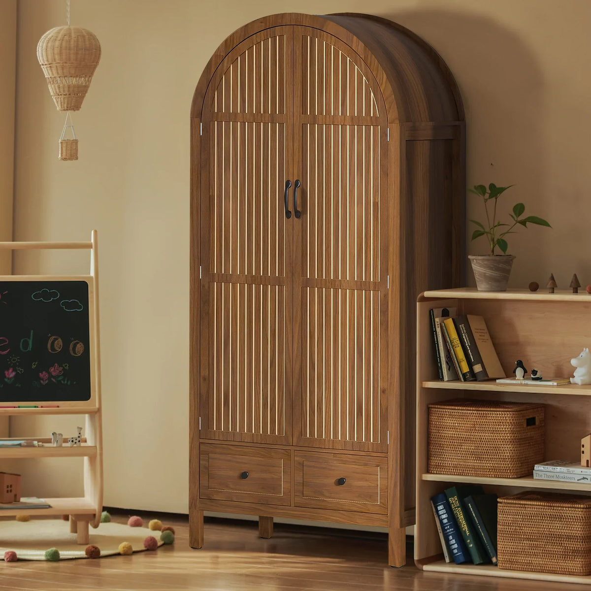 Nouveauté 2026 – Armoire-penderie cintrée Oubayajia avec portes cannelées, en bois, avec tiroirs, étagères et tringle pour chambre à coucher