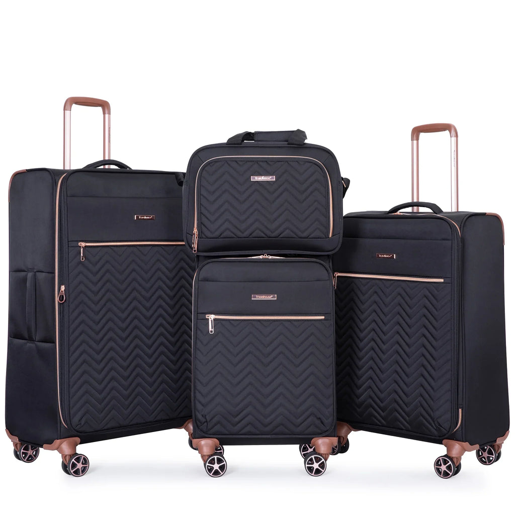 Nouveauté 2026 – Ensemble de 4 bagages Travelhouse : valise souple extensible et légère avec doubles roulettes multidirectionnelles (noir