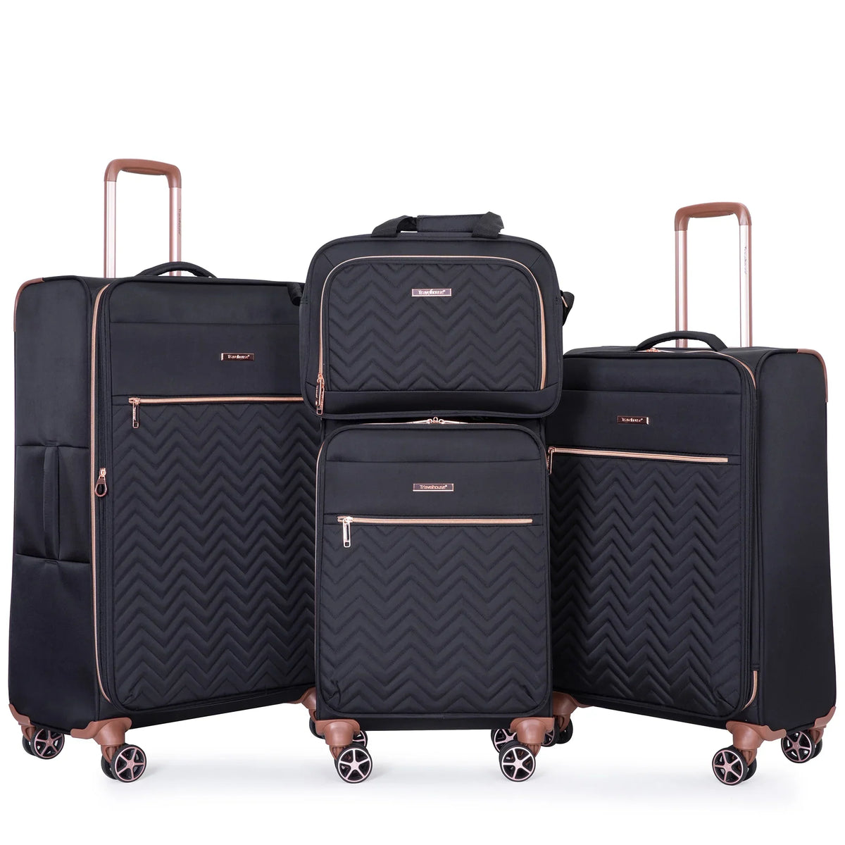 Nouveauté 2026 – Ensemble de 4 bagages Travelhouse : valise souple extensible et légère avec doubles roulettes multidirectionnelles (noir