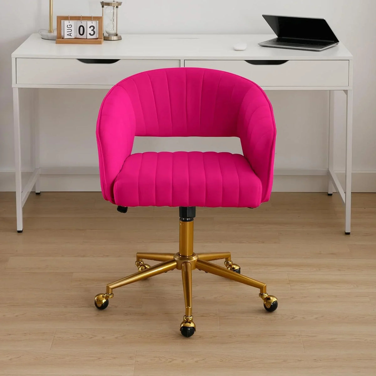 Nouveauté 2026 – Chaise de bureau Westice , chaise de travail en velours, chaise pivotante réglable en hauteur avec base dorée, idéale pour coiffeuse, bureau, salon ou salle informatique, beige