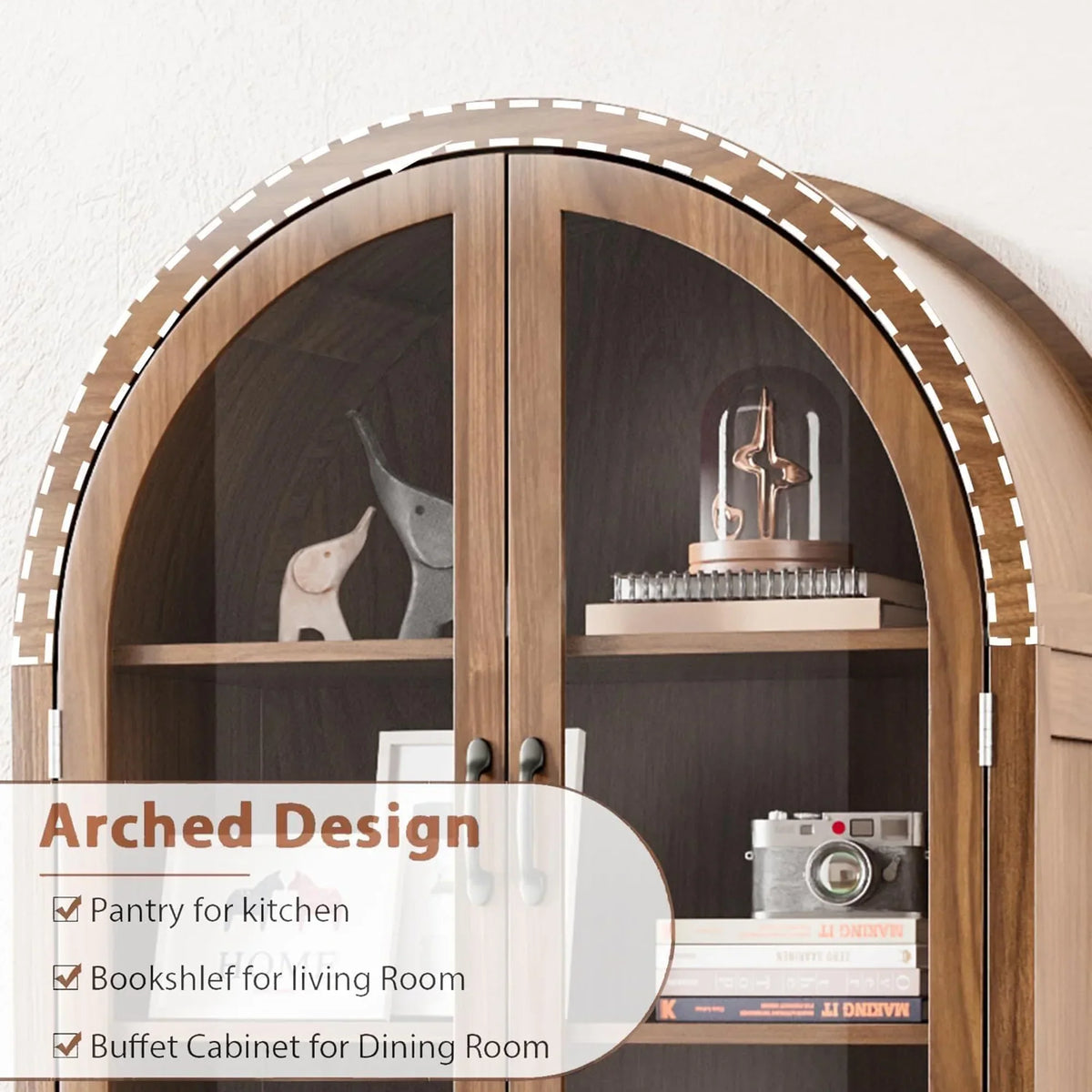 Nouveauté 2026 – Vitrine de rangement haute cintrée Fiogmub , armoire de garde-manger cintrée avec portes, portes en verre acrylique