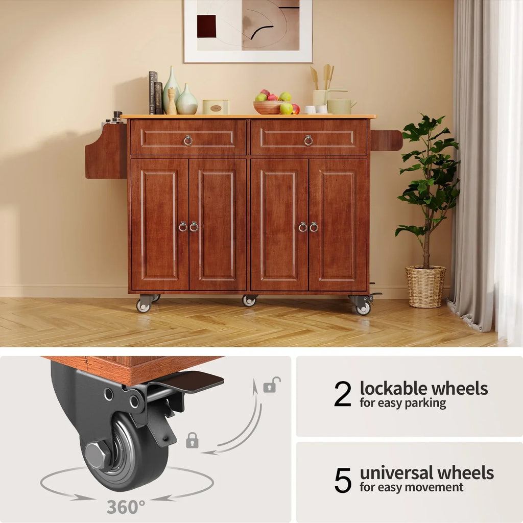 Nouveauté 2026 – Îlot de cuisine Lofka 52 pouces (132 cm) avec rangement sur roulettes et abattant en bois, idéal pour les petites cuisines