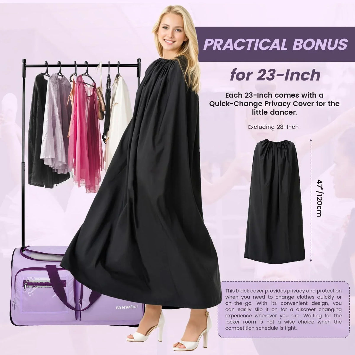 Nouveauté 2026 – Sac de danse Fegat avec portant - Sac de danse pliable à roulettes de 71 cm (28 pouces) pour compétitions, danse, spectacles, streamers et athlètes. Valise légère à roulettes
