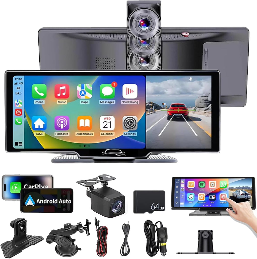 Nouveauté 2026 – Tablette Car Pro Max (modèle 2025), écran tactile HD 10,26" compatible CarPlay et Android Auto, double caméra embarquée 4K avec commande vocale, Mirror Link, Bluetooth, navigation GPS, caméra de recul 1080p, batterie 64/128 Go