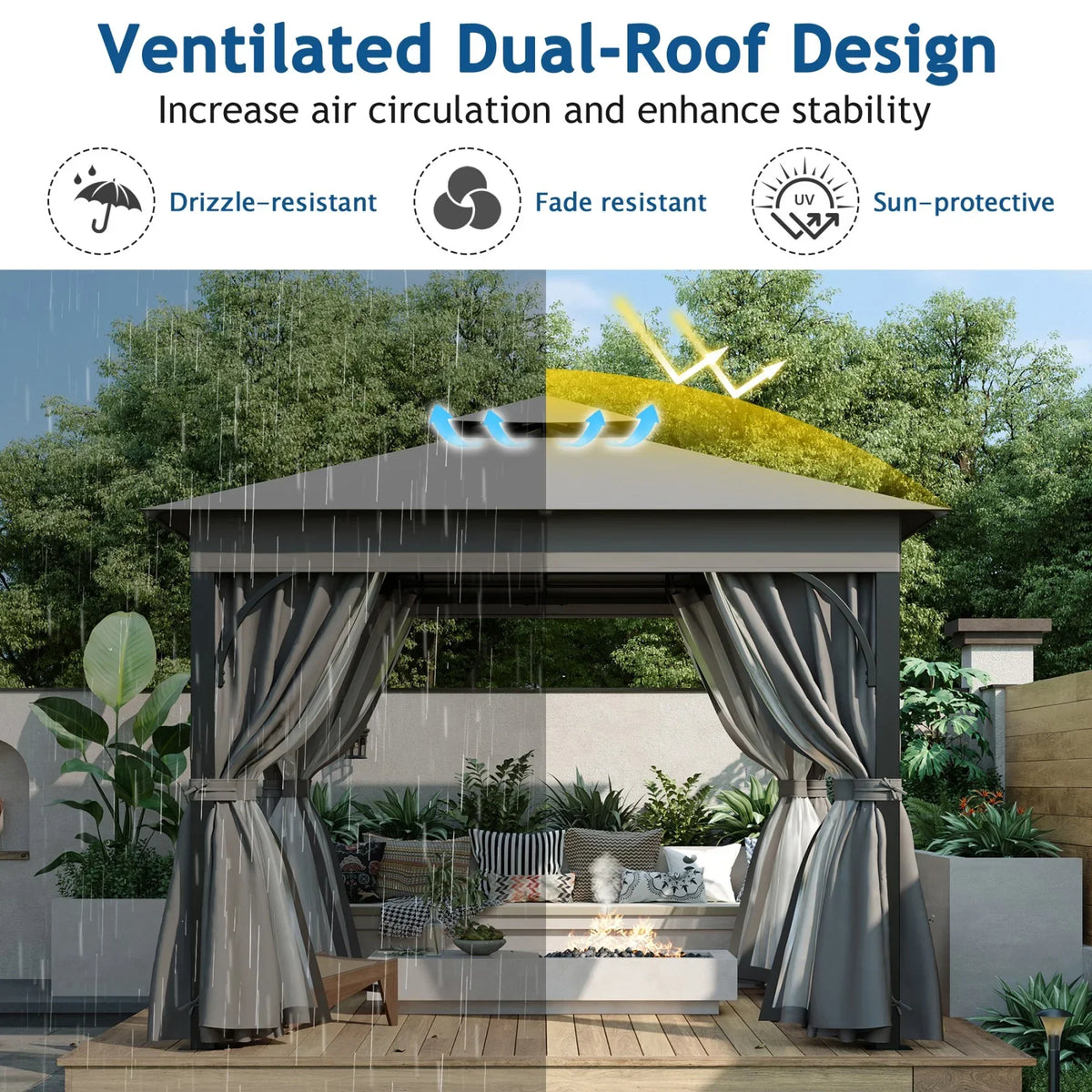 Nouveauté 2026 – Gazebo d'extérieur 10'x10', gazebo de patio avec moustiquaire et écrans d'intimité pour cour arrière, jardin, pelouse et terrasse, gris