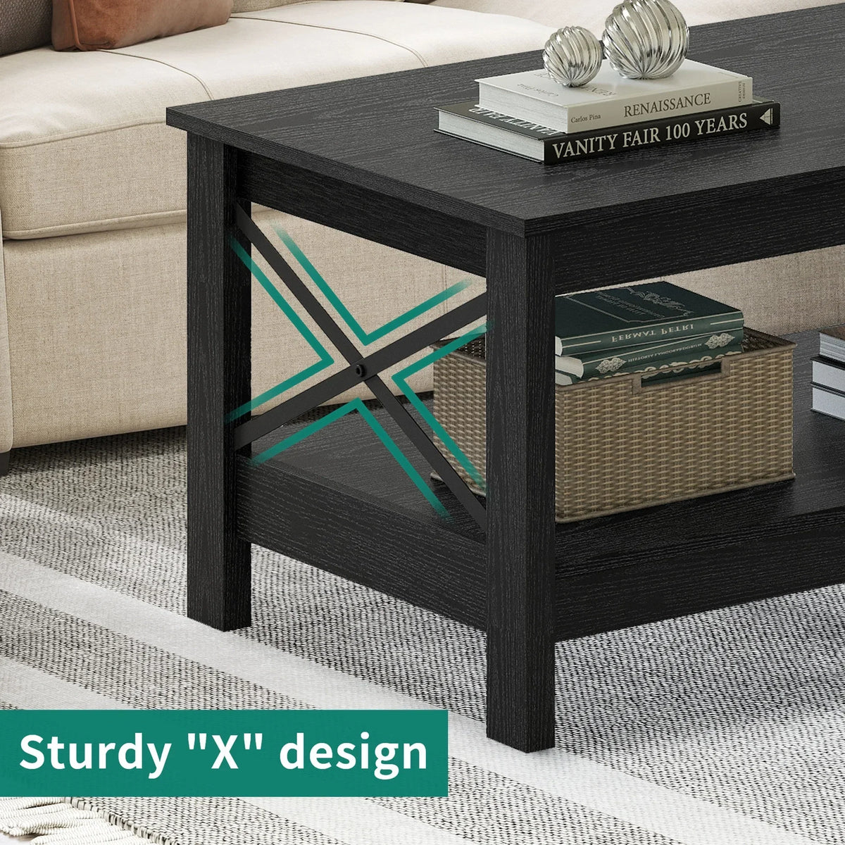 Nouveauté 2026 – Table basse Moasis Farmhouse avec rangement, table centrale à 2 niveaux pour salon, plateau gris délavé et blanc