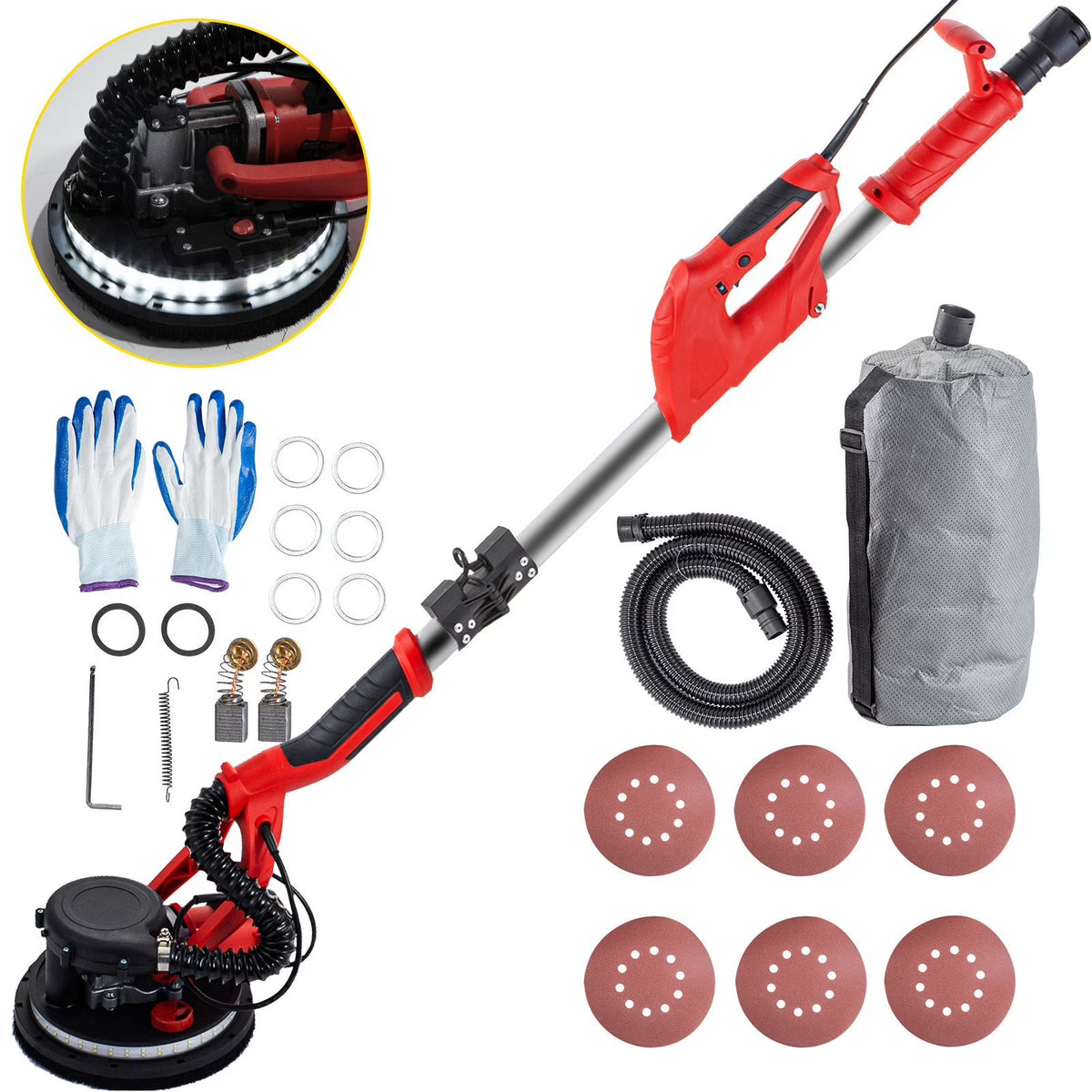 Nouveauté 2026 – Ponceuse à plaques de plâtre VEVOR , 850 W, électrique, vitesse variable 800-1750 tr/min, pliable, avec poignée télescopique, éclairage LED et sac d'aspiration