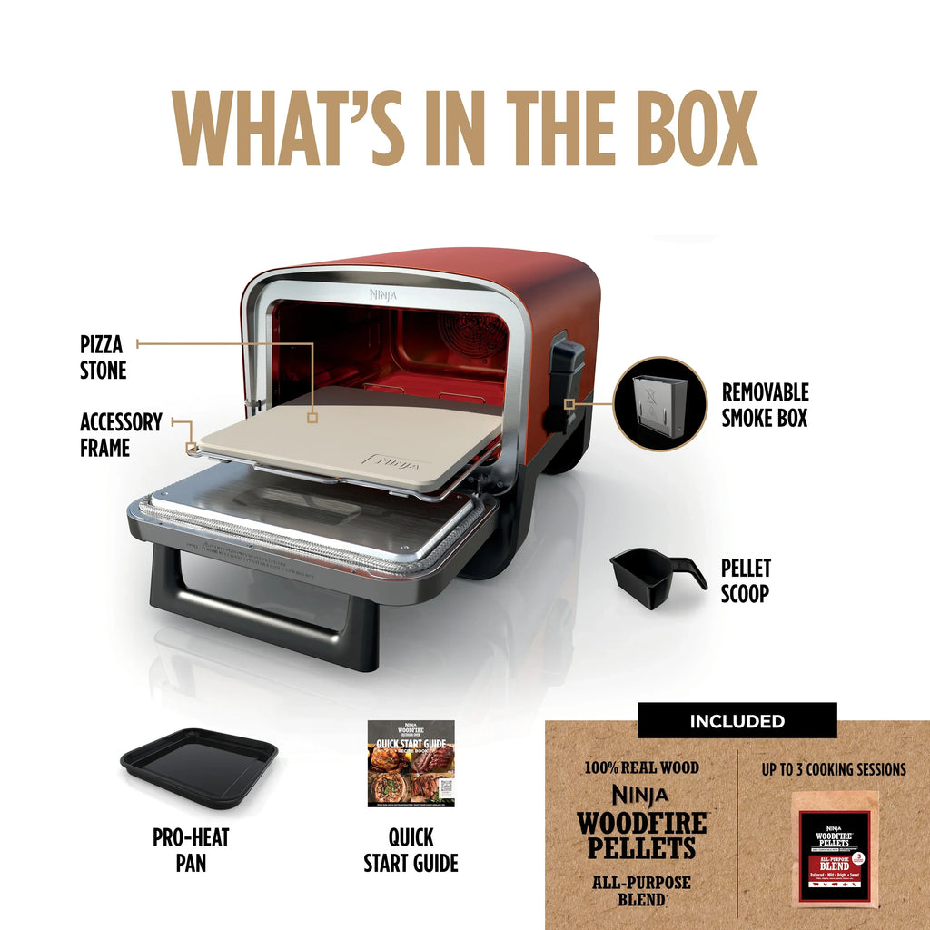 Nouveauté 2026 – Four à pizza à bois Ninja , four extérieur 5 en 1, 5 réglages de cuisson, technologie Ninja Woodfire, température jusqu'à 370 °C, fumoir, électrique