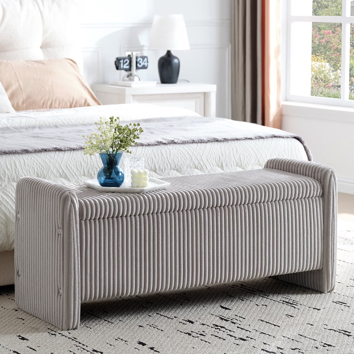 Nouveauté 2026 – Banc coffre Pinmoco de 112 cm (44 po), banc d'entrée rembourré avec rangement, idéal pour la chambre et le salon, en velours côtelé gris