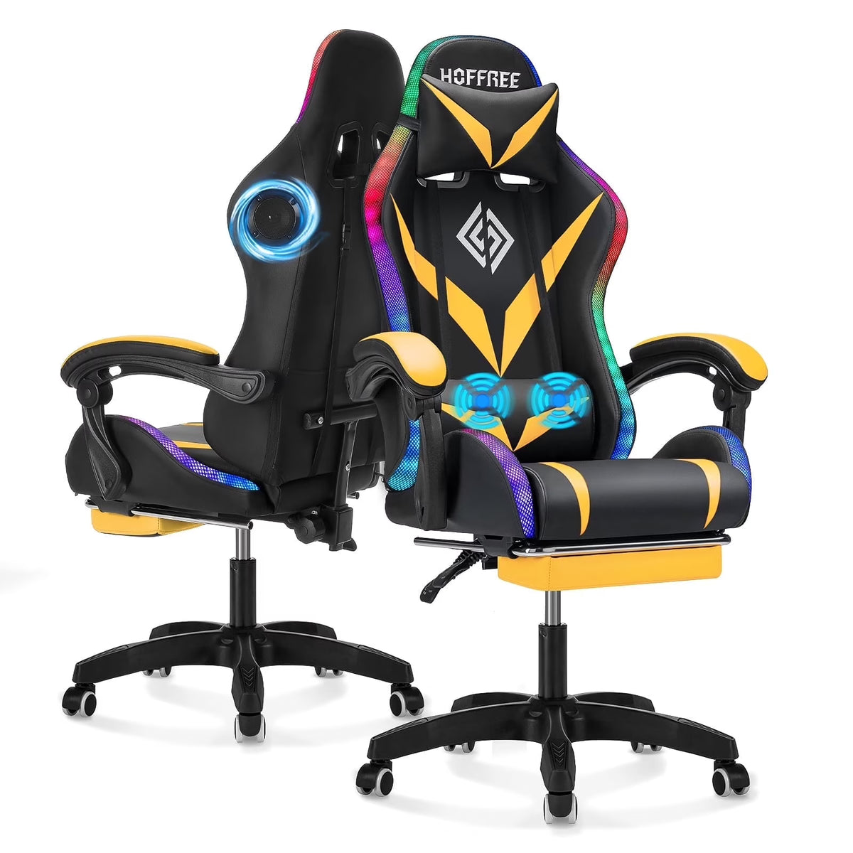 Nouveauté 2026 – Fauteuil de jeu Hoffree avec haut-parleurs intégrés, en cuir PU, repose-pieds et éclairage LED. Fauteuil ergonomique pour gamer avec massage, soutien lombaire et appui-tête pivotant et réglable. Idéal pour le télétravail et le bureau